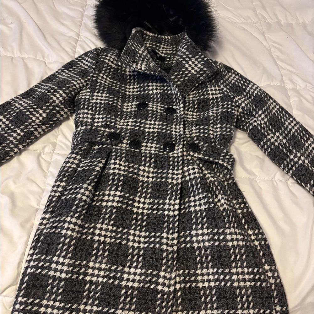 Iz Byer Black and White Plaid Pea Coat